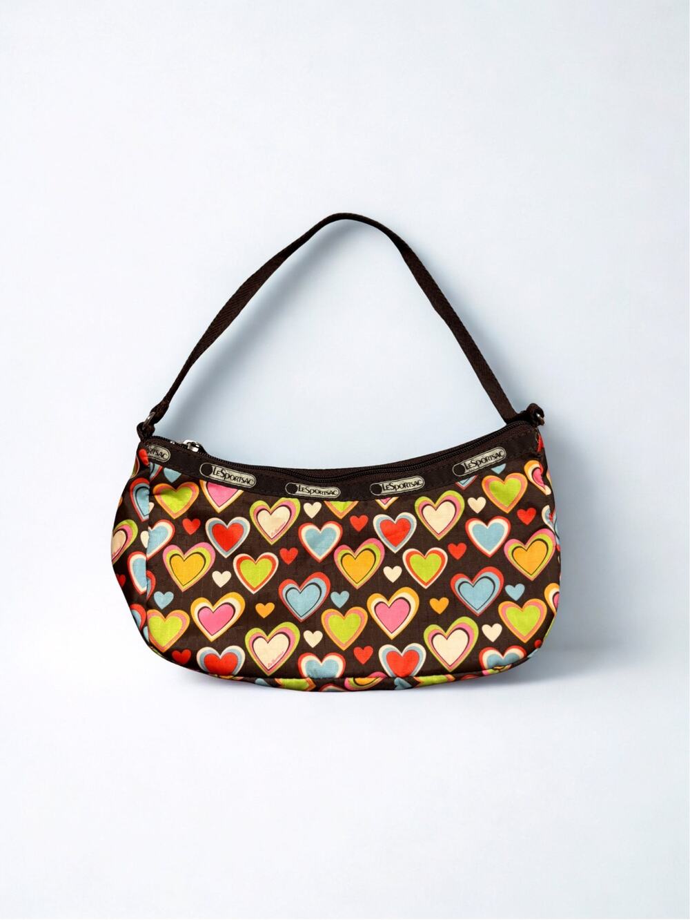 Vtg Y2K LeSportsac Chocolate Brown Allover Heart Print Shoulder Bag